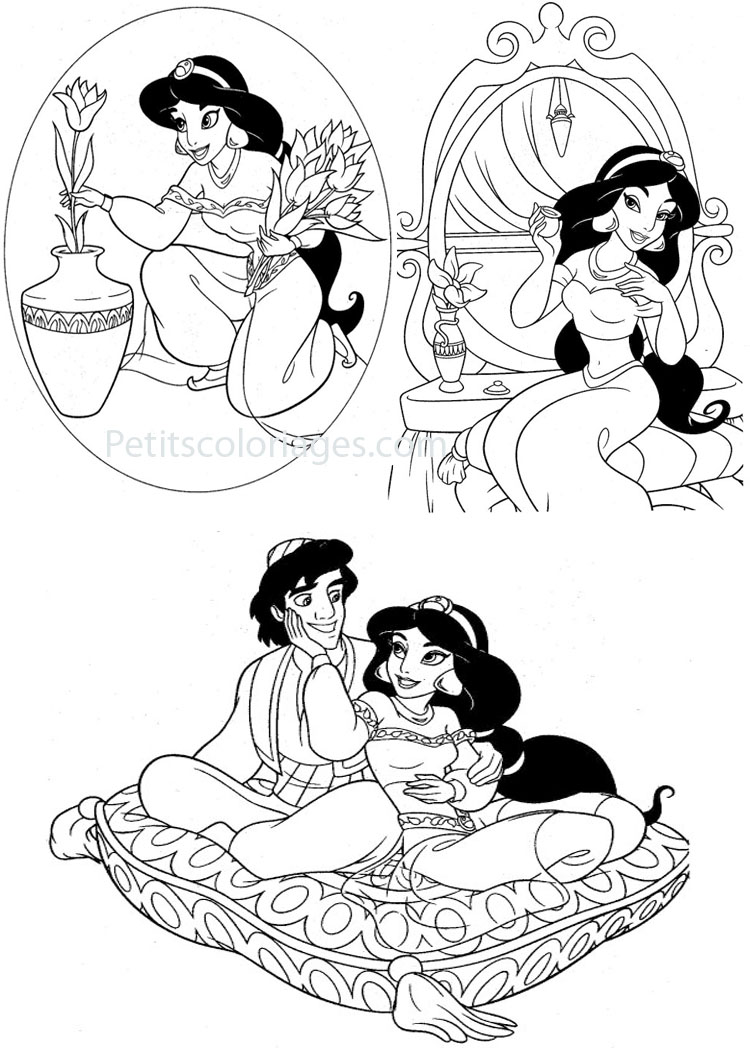 Petits coloriages Aladdin jasmine, fleurs, miroir, tapis