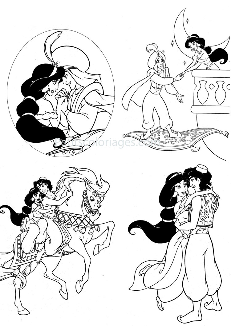 Petits coloriages Aladdin jasmine, cheval, tapis, volant