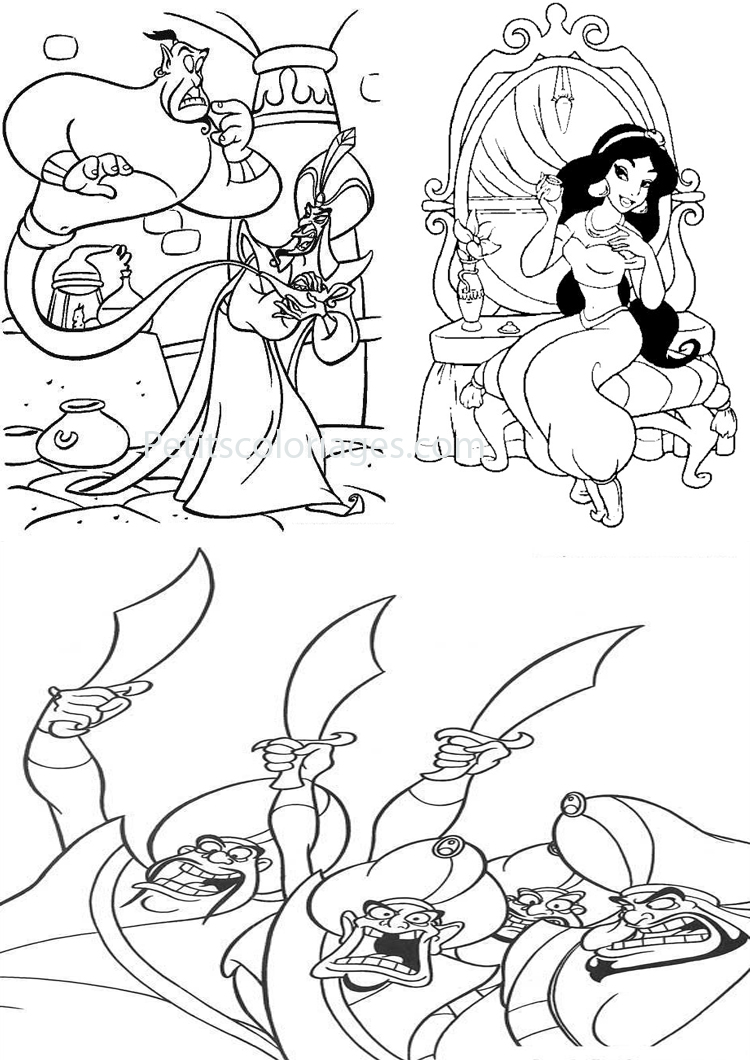 Petits coloriages Aladdin soldats, genie, jafar, epee
