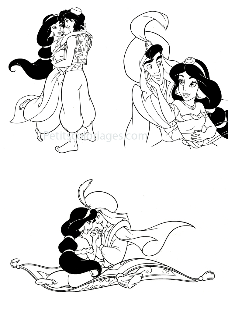 Petits coloriages Aladdin jasmine, prince, tapis volant