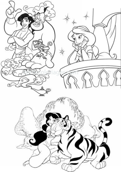 4 petits coloriages Aladdin : jasmine, gnie, tigre, singe, abu