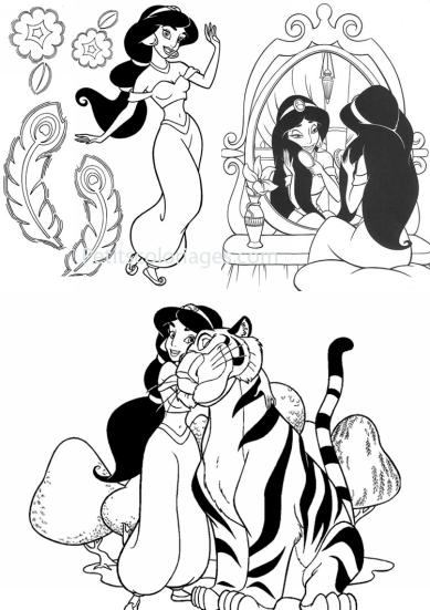4 petits coloriages Aladdin : jasmine, tigre, miroir, fleur