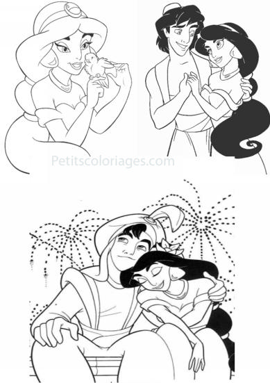 4 petits coloriages Aladdin : jasmine, oiseau, artifice, chapeau