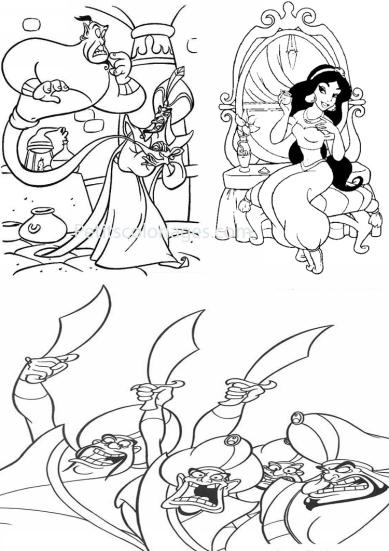 4 petits coloriages Aladdin : soldats, gnie, jafar, pe