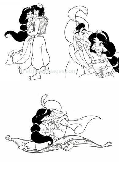 4 petits coloriages Aladdin : jasmine, prince, tapis volant