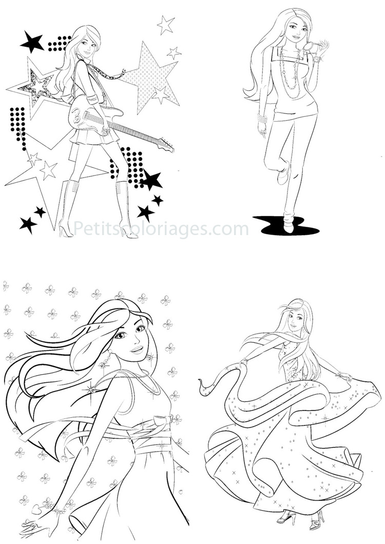 Petits coloriages Barbie guitare, star, robe
