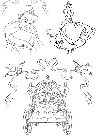 4 petits coloriages Cendrillon : princesse, carrosse, mariage