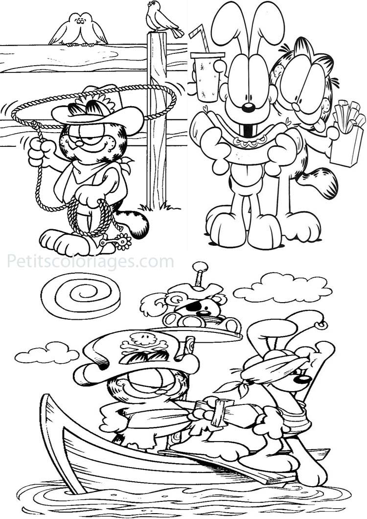 Petits coloriages garfield cowboy, chien, odie, pirate, hot dog