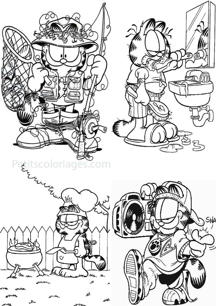 Petits coloriages garfield pêcheur, brosse, à dents, barbecue, radio