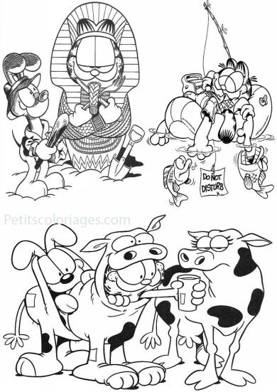 4 petits coloriages garfield : momie pharaon, pêche, chien, odie, vache