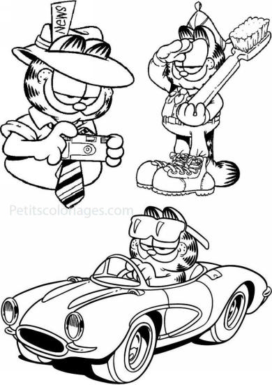 4 petits coloriages garfield : journaliste, voiture, militaire