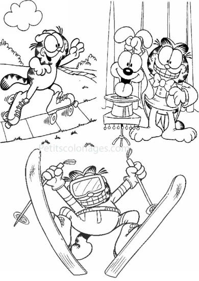 4 petits coloriages garfield : roller, skis, magicien, odie