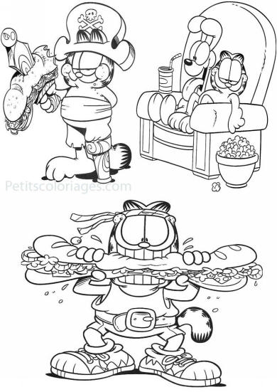 4 petits coloriages garfield : pirate, sandwich, rambo, odie, canapé