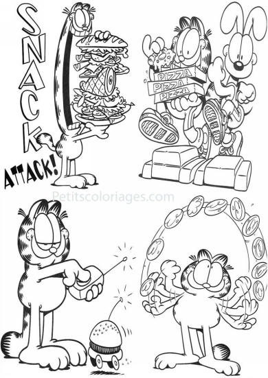 4 petits coloriages garfield : pizza, hamburger, odie chien