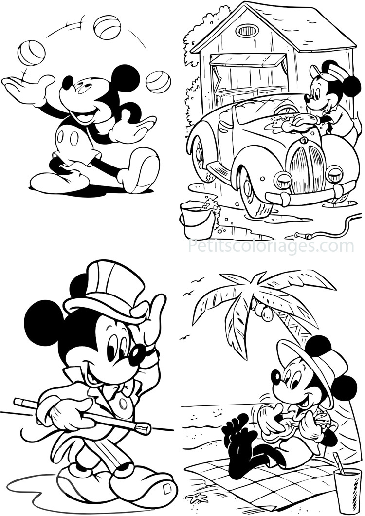Petits coloriages mickey disney, mickey, magicien, voiture, vacance, jongle