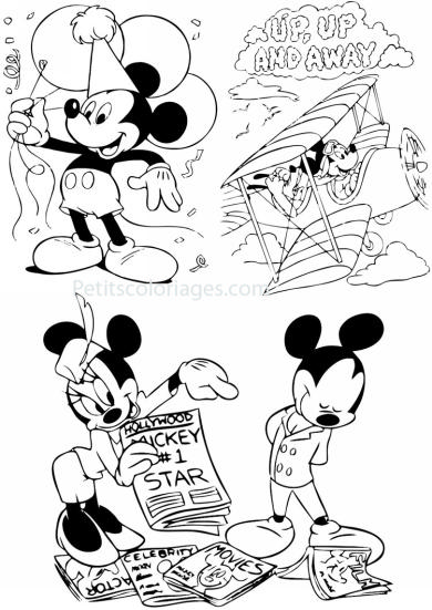 4 petits coloriages mickey : ballons, minnie hotesse, avion, pluto
