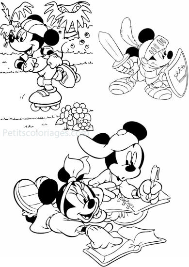 4 petits coloriages mickey : minnie, roller, chevalier