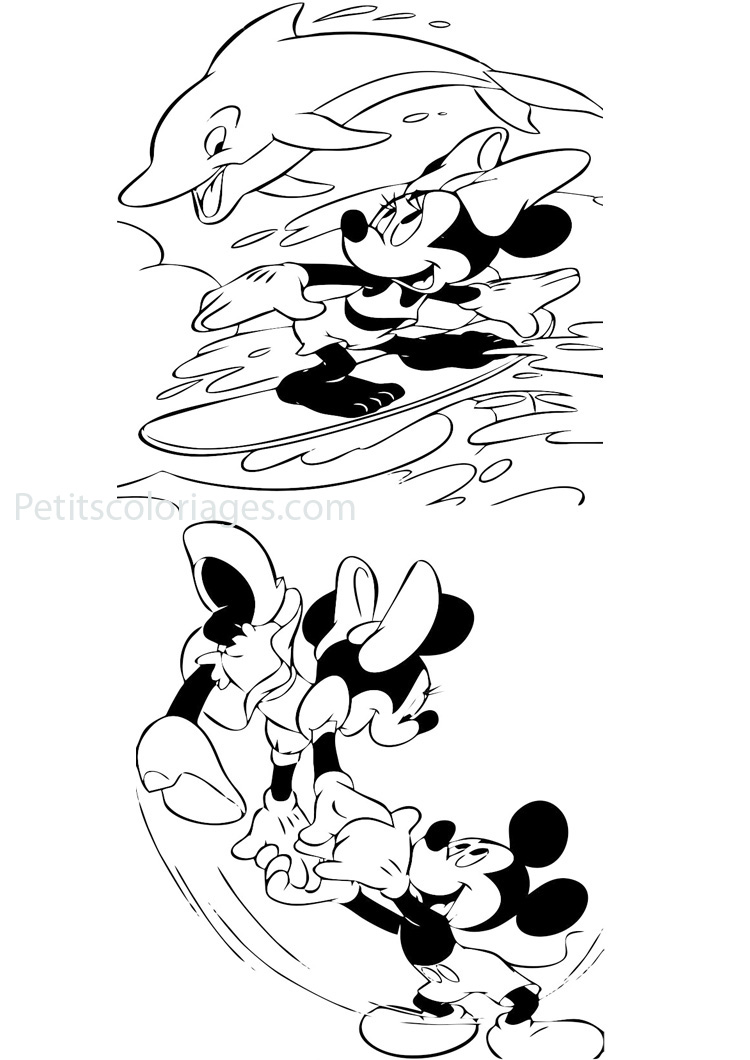 Petits coloriages minnie surf, dauphin, mickey, danse