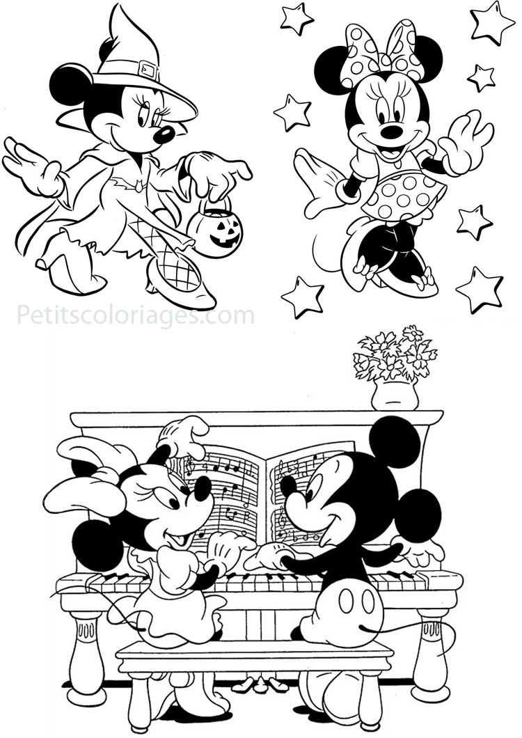 Petits coloriages minnie halloween, mickey, piano, étoiles