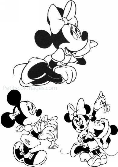 4 petits coloriages Minnie : milk shake, noeud papillon, mickey embrasse minnie