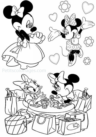 4 petits coloriages Minnie : daisy, coeur, fleur, robe, courses