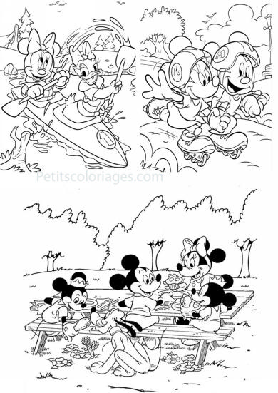 4 petits coloriages Minnie : kayak, daisy, mickey roller, pique nique, pluto, enfants, mickey