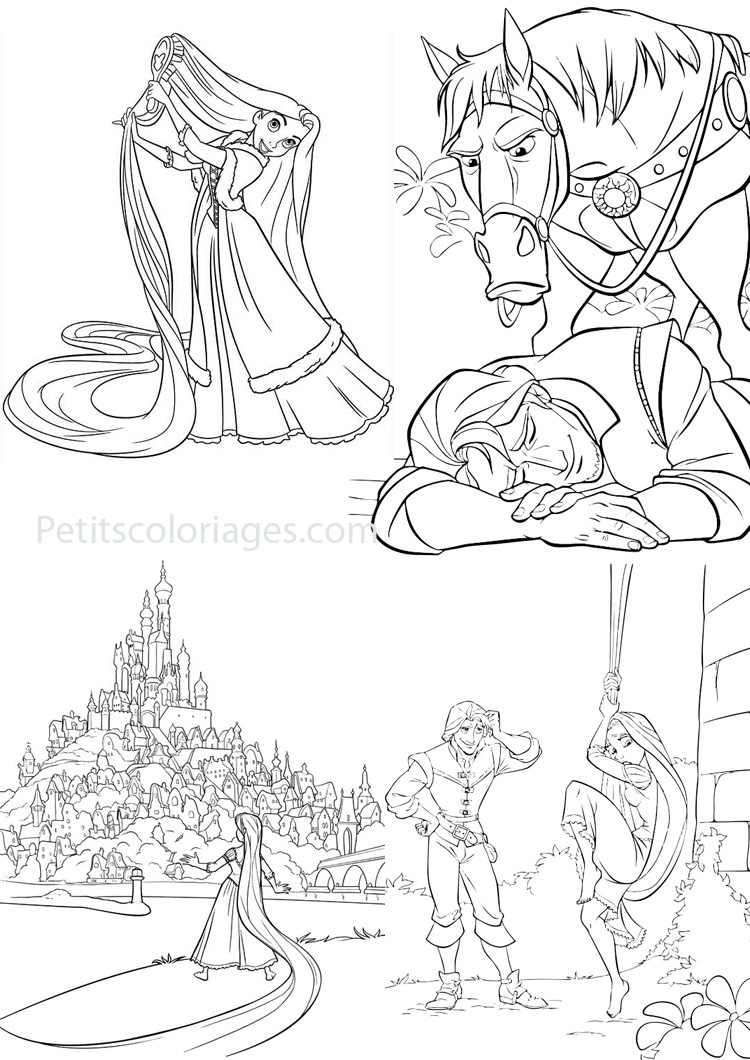 Petits coloriages raiponce cheval,rider,chateau