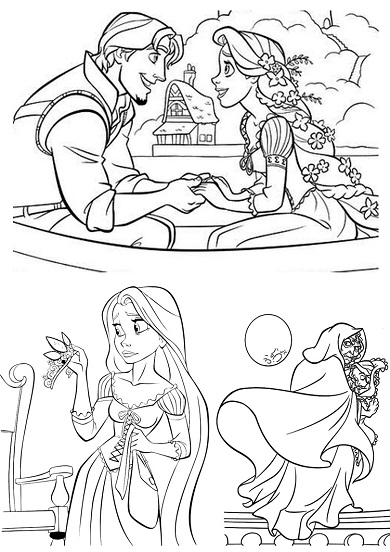 4 petits coloriages raiponce : flynn,gothel,couronne