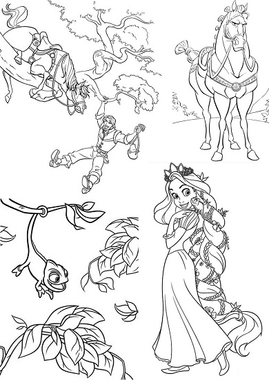 4 petits coloriages raiponce : rider,cheval,camlon