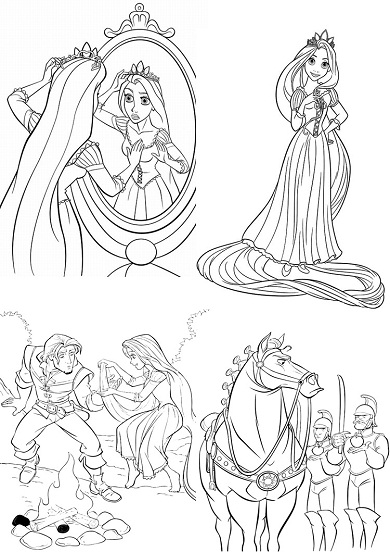 4 petits coloriages raiponce : couronne,rider,maximus